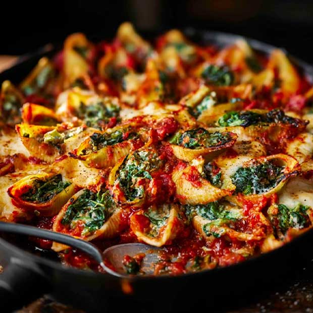 Baked greens and ricotta pasta shells