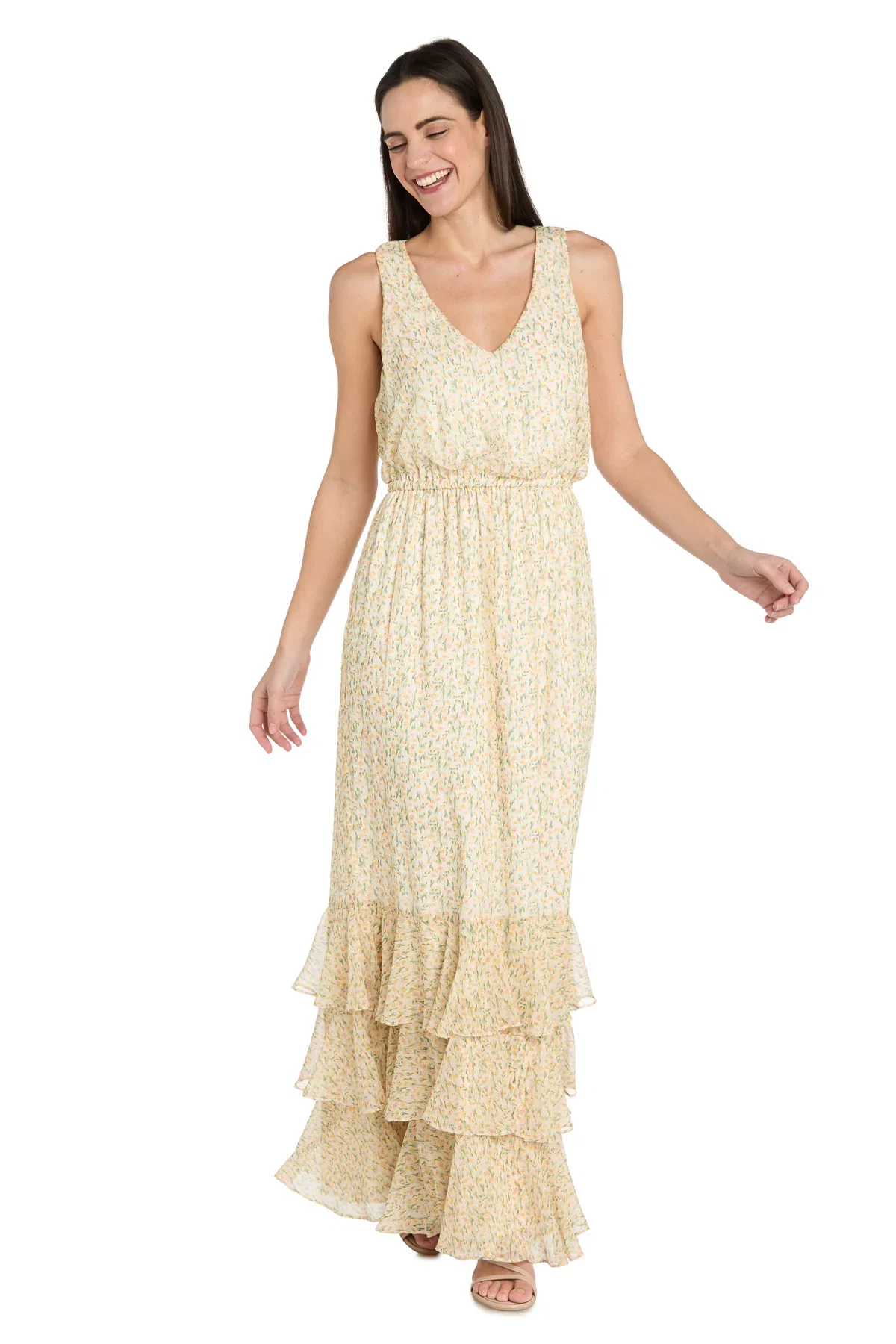 Image of Printed Blouson Maxi Dress with Flounce Hem