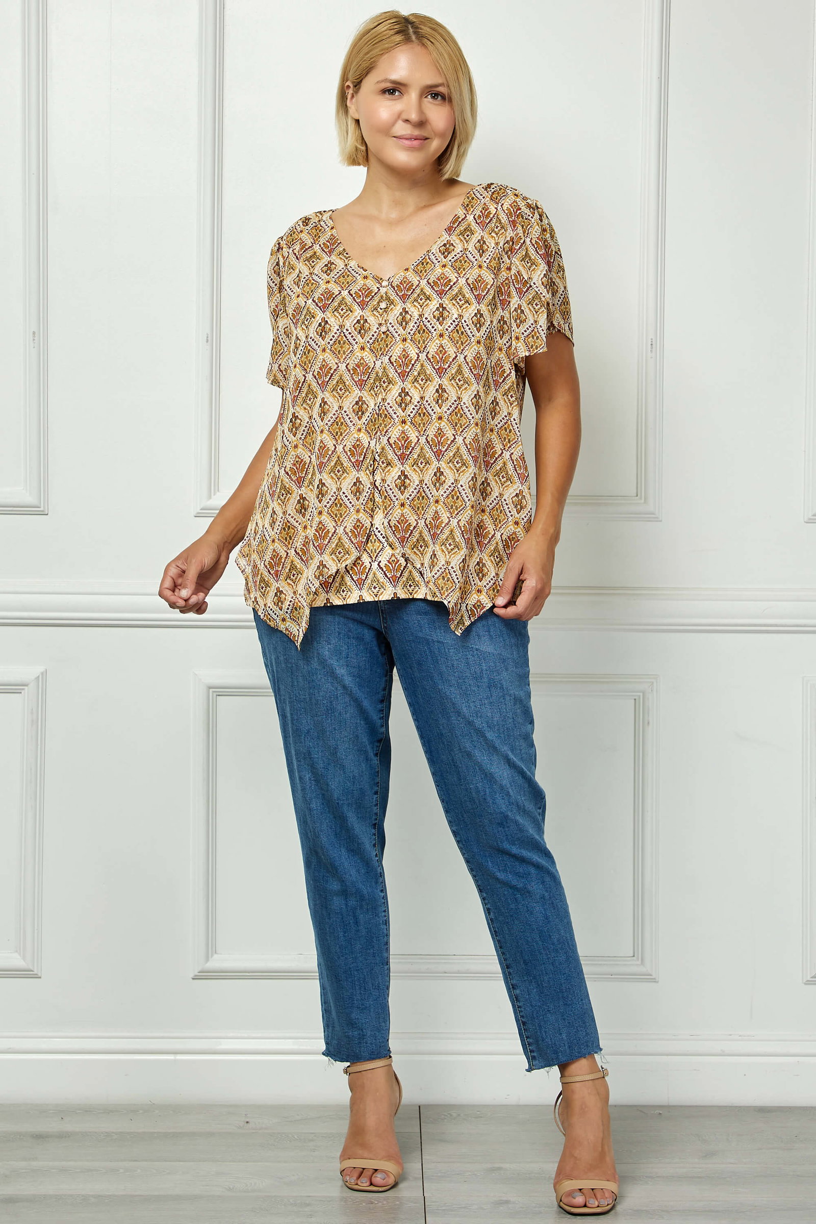 Image of Tulip Sleeve Button-Front V-Neck Blouse in Cream/Olive/Rust - Plus