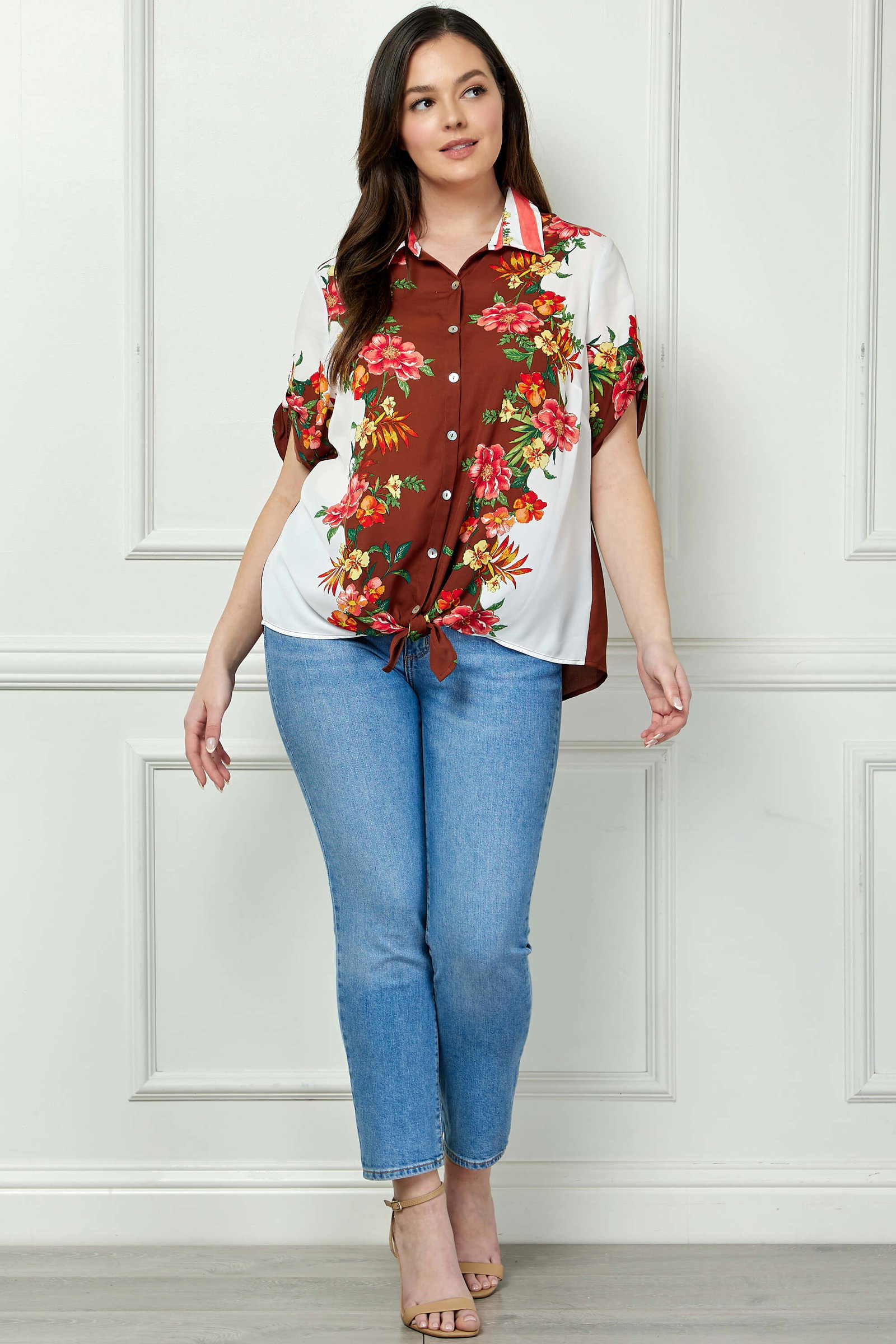 Image of Button Tab Sleeve Tie-Front Print Blouse in Brown/Ivory/Red - Plus