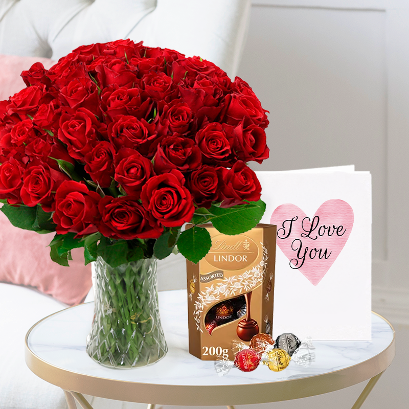 Image of 50 Red Roses, Lindor Truffles (200g) & Romance Card