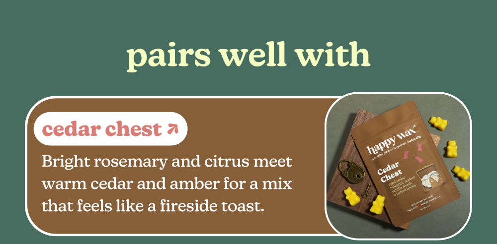 pairs well with: cedar chest: Bright rosemary and citrus meet warm cedar and amber for a mix that feels like a fireside toast. 