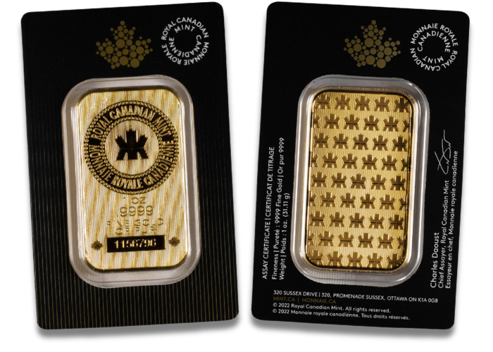 ON SALE: 1 oz (RCM) Royal Canadian Mint Gold Bar (New w/ Assay)