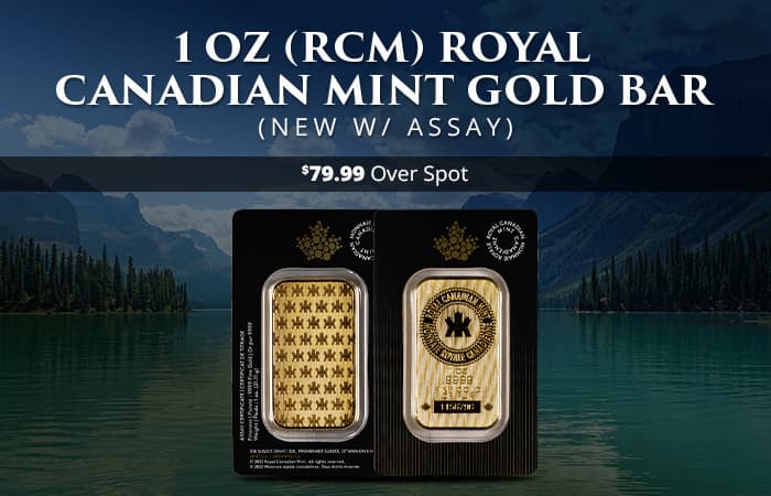 ON SALE: 1 oz (RCM) Royal Canadian Mint Gold Bar (New w/ Assay)