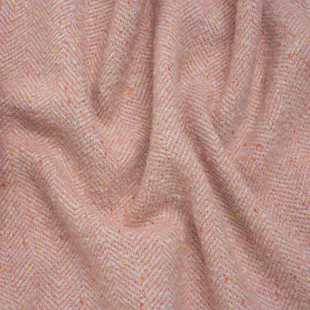 Image of Wool Blend Chevron Twill Tweed with Clear Baby Sequins - Pink and White with Rainbow Flecks