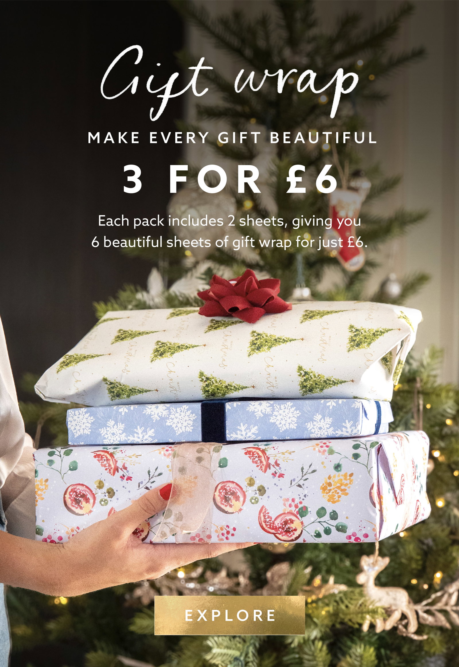 Christmas gift wrap – make every gift beautiful. Choose 3 for £6.