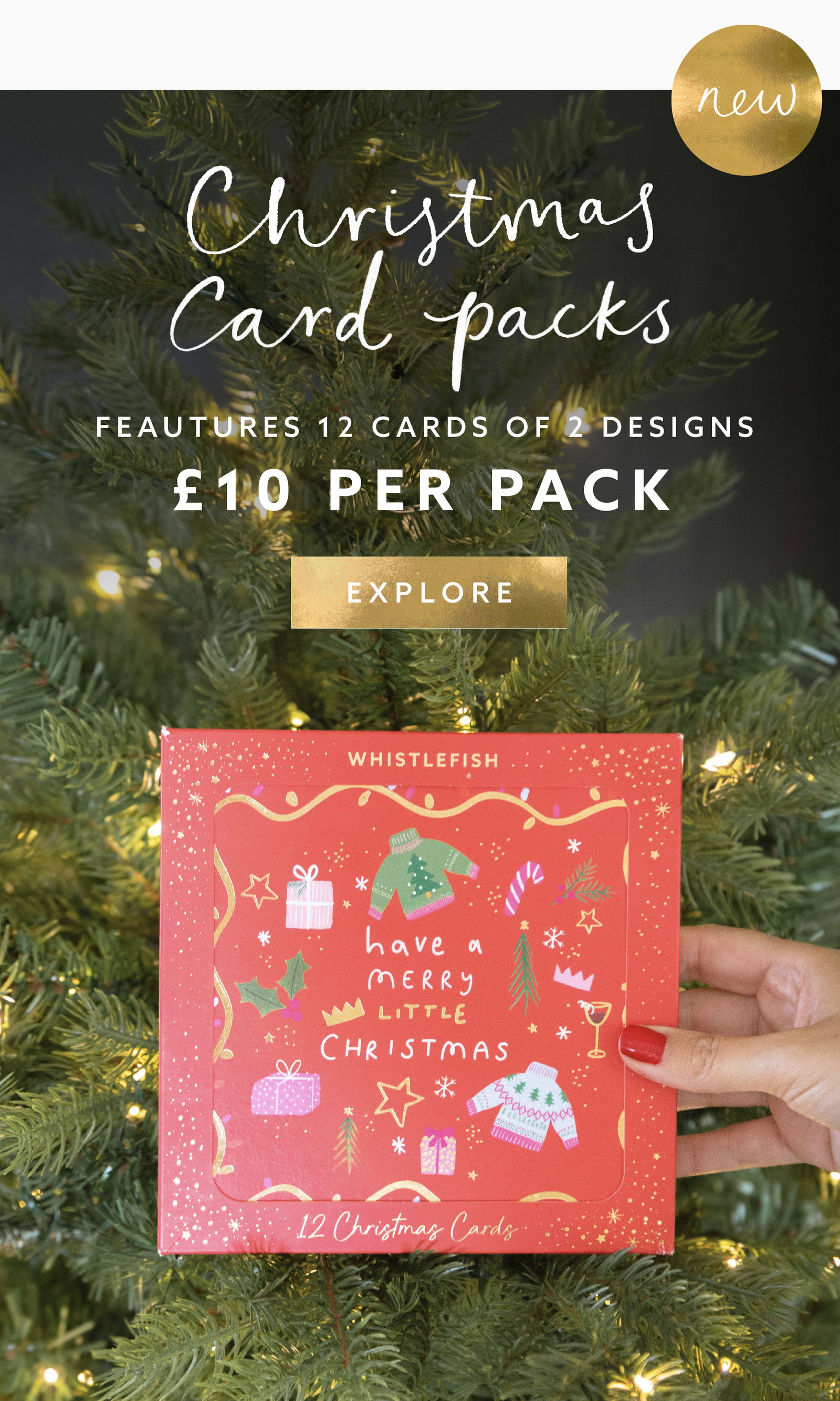 New Whistlefish Christmas card packs featuring 12 cards across 2 designs, £10 per pack.