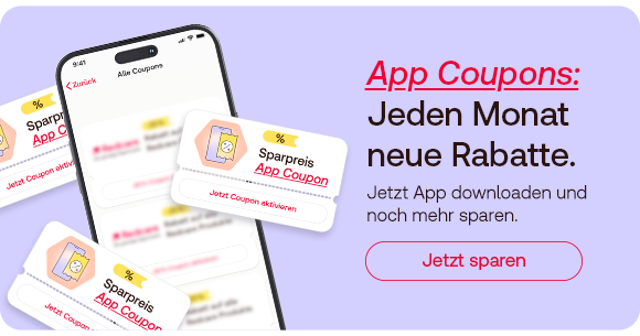 Smartphone mit Coupon-App und Rabattkarten, daneben Text „App Coupons: Jeden Monat neue Rabatte“ und Button „Jetzt sparen“.