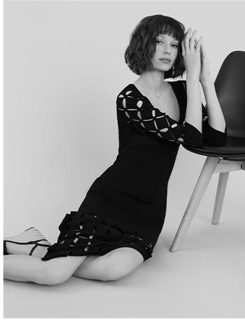Black Cutout Knit Midi Dress with Square Neckline