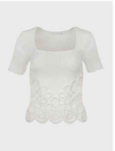 White Square Neck Knit T-Shirt with Scalloped Arabesque Detail
