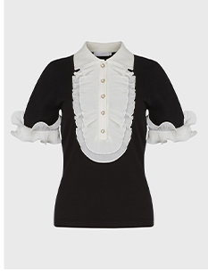 Black Short Sleeve Cotton Top With Contrasting White Ruffle Placket and Cuffs