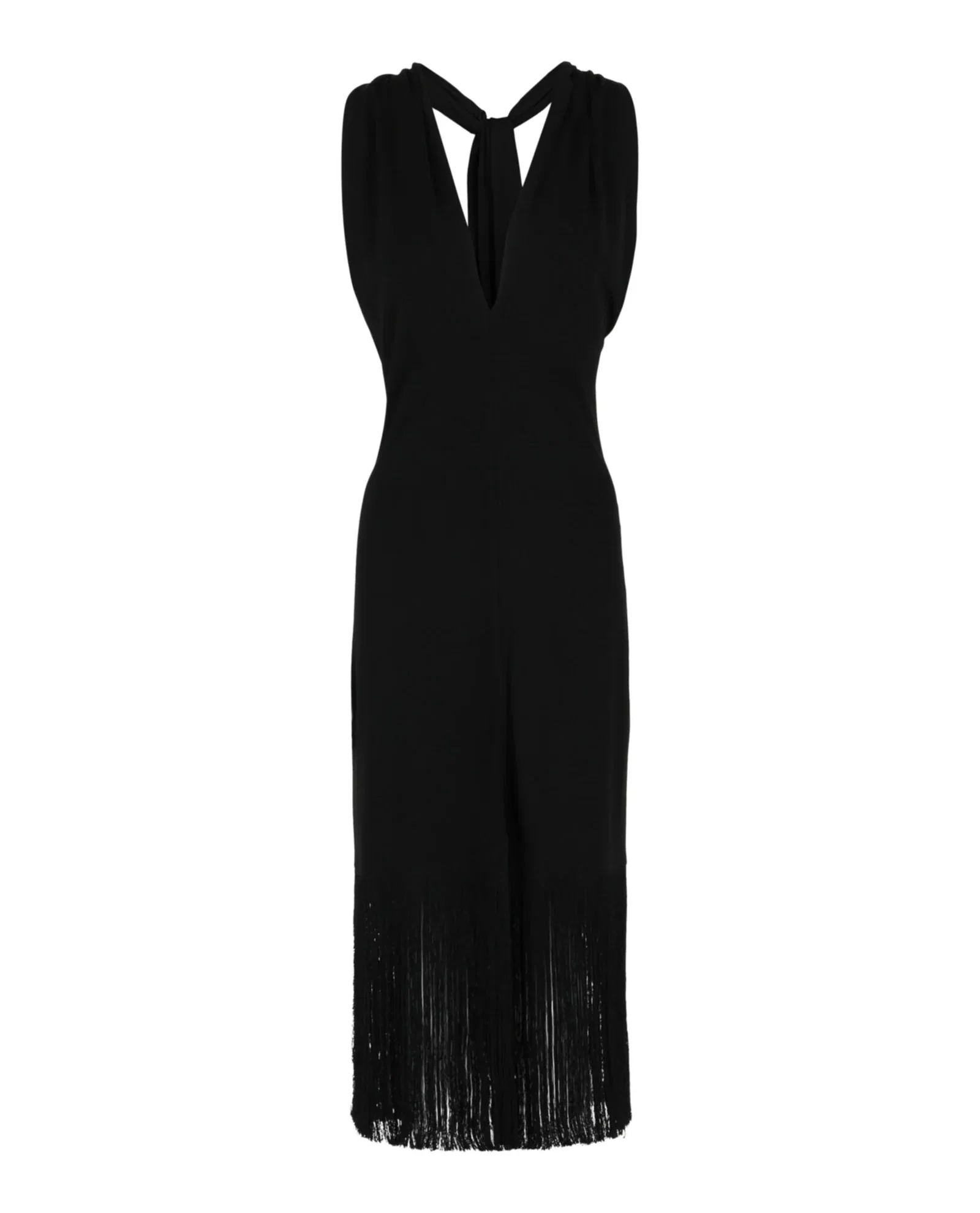 Image of Ferragamo Plunging Fringe-Hem Midi Dress