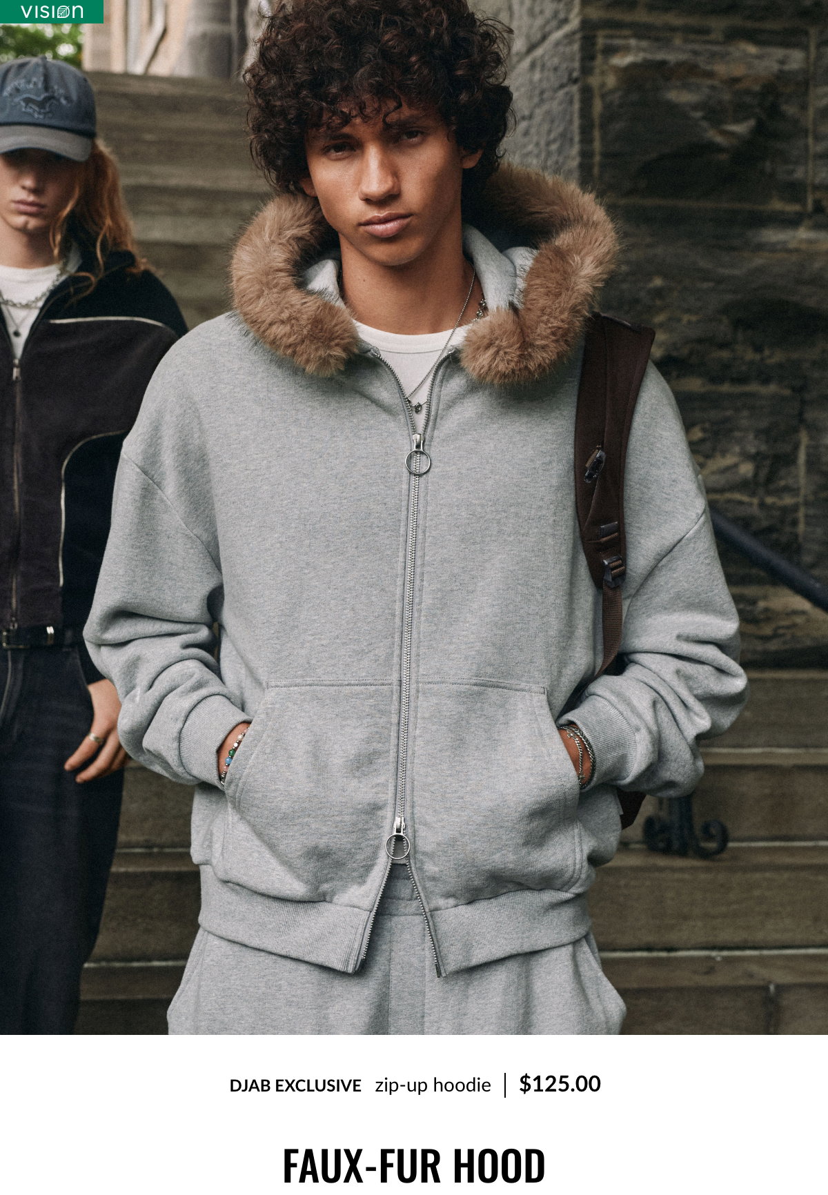 Djab exclusive zip-up hoodie, 125$. Faux-fur hood: a study in Y2K classics.  
