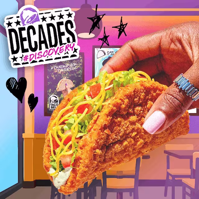 Decades #Discovery. A hand holding a Taco Bell Naked Chicken Chalupa.