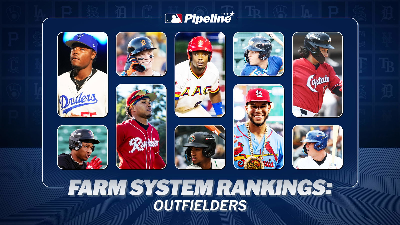 Images of 10 outfield prospects arranged in squares and rectangles