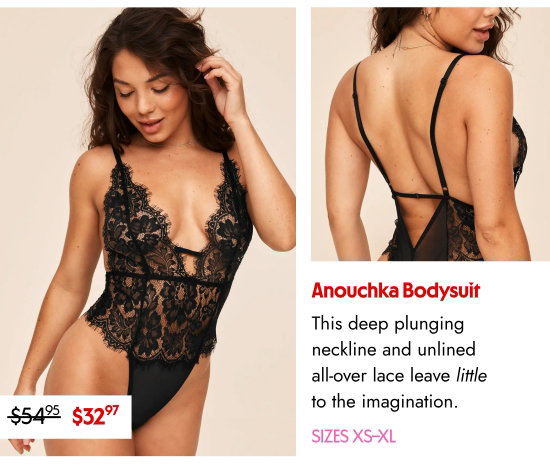 Anouchka Bodysuit - This deep plunging neckline and unlined all-over lace leave little to the imagination. SIZES XS–XL