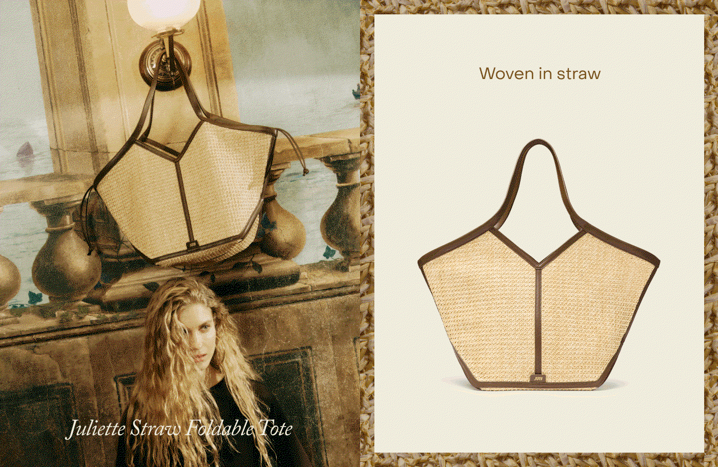 Juliette Straw Foldable Tote. Woven in Straw. Secure drawstring interior. Top-grain leather. Folds completely flat.