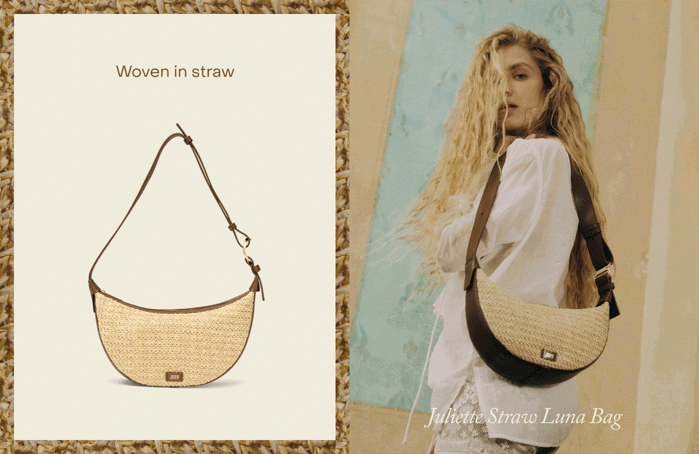 Juliette Straw Luna Bag. Woven in straw. Top zip closure. A space for everything. Adjustable strap.