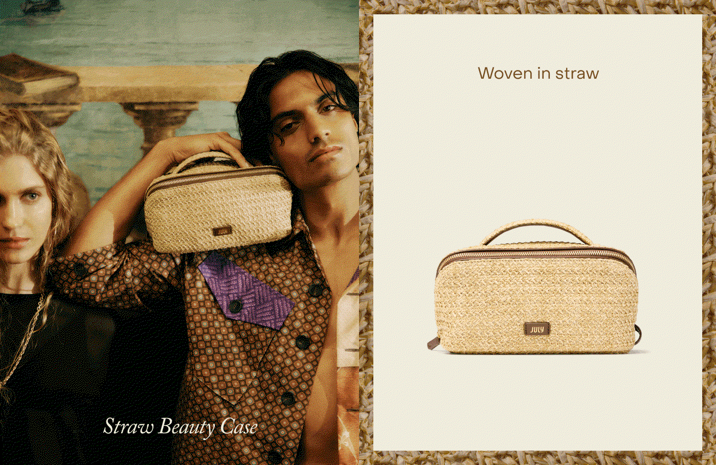 Straw Beauty Case. Woven in straw. Water resistant lining in custom stripe. Elastic side holders. Hanging loop. 