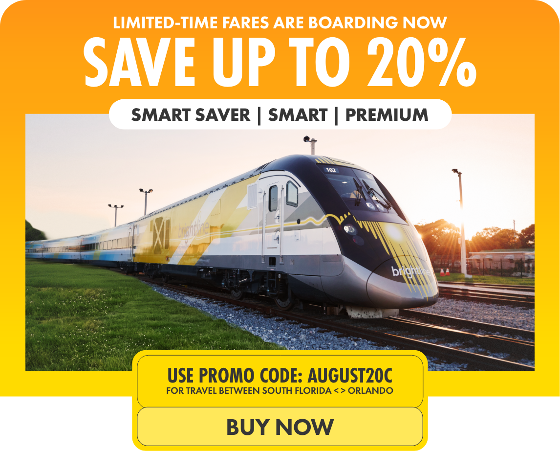 Promotional graphic featuring a modern Brightline passenger train on tracks at sunset. Bold text highlights limited-time fares with savings up to 20 percent and options labeled Smart Saver, Smart, and Premium. A yellow banner displays the promo code AUGUST20C for travel between South Florida and Orlando. A call-to-action button at the bottom invites viewers to buy now.