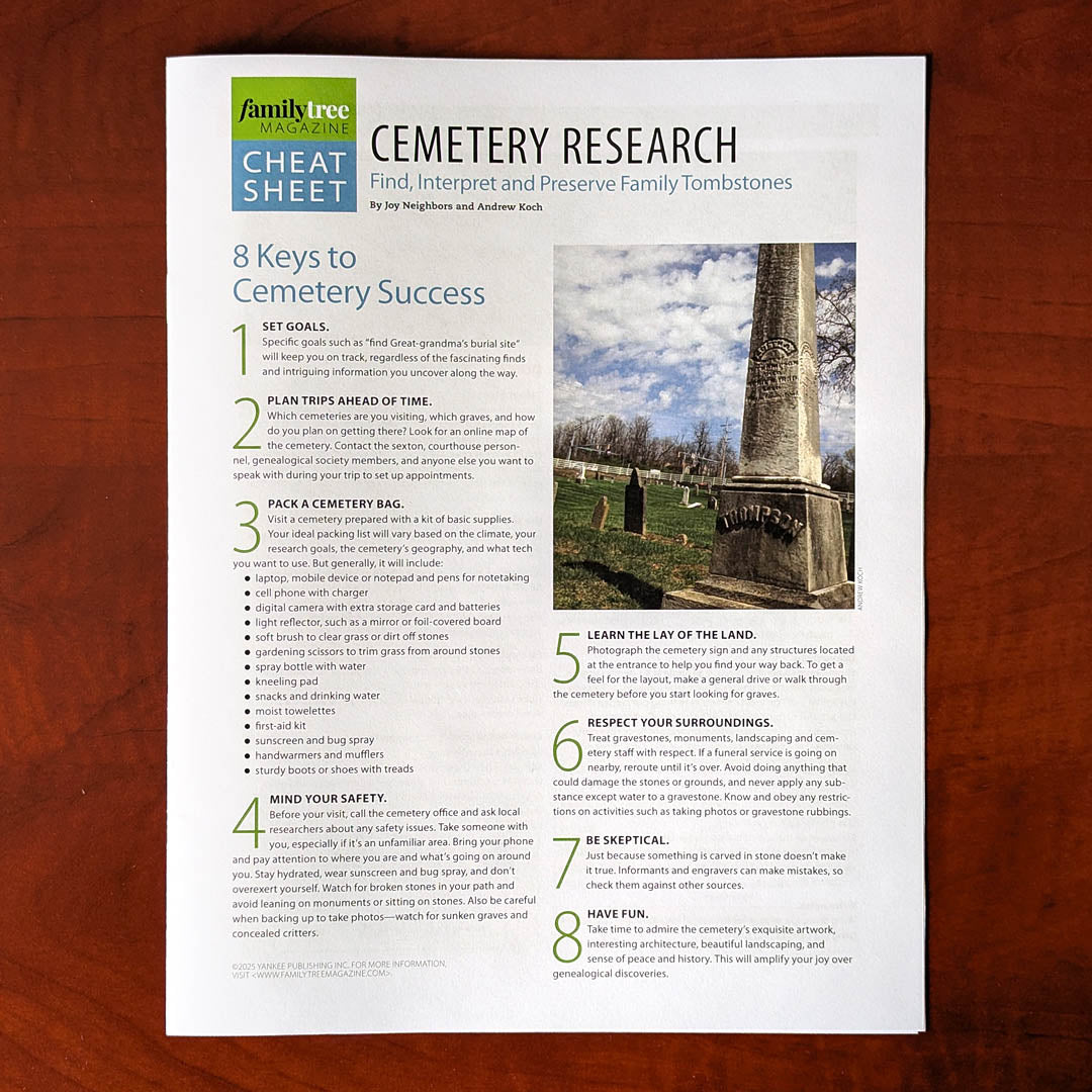 A printed Family Tree Magazine cheat sheet titled "Cemetery Research," listing eight keys to cemetery success with numbered tips and photos of gravestones.