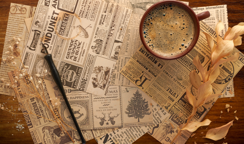 A cup of coffee sits on vintage newspaper sheets with a pen and dried leaves on a wooden table.