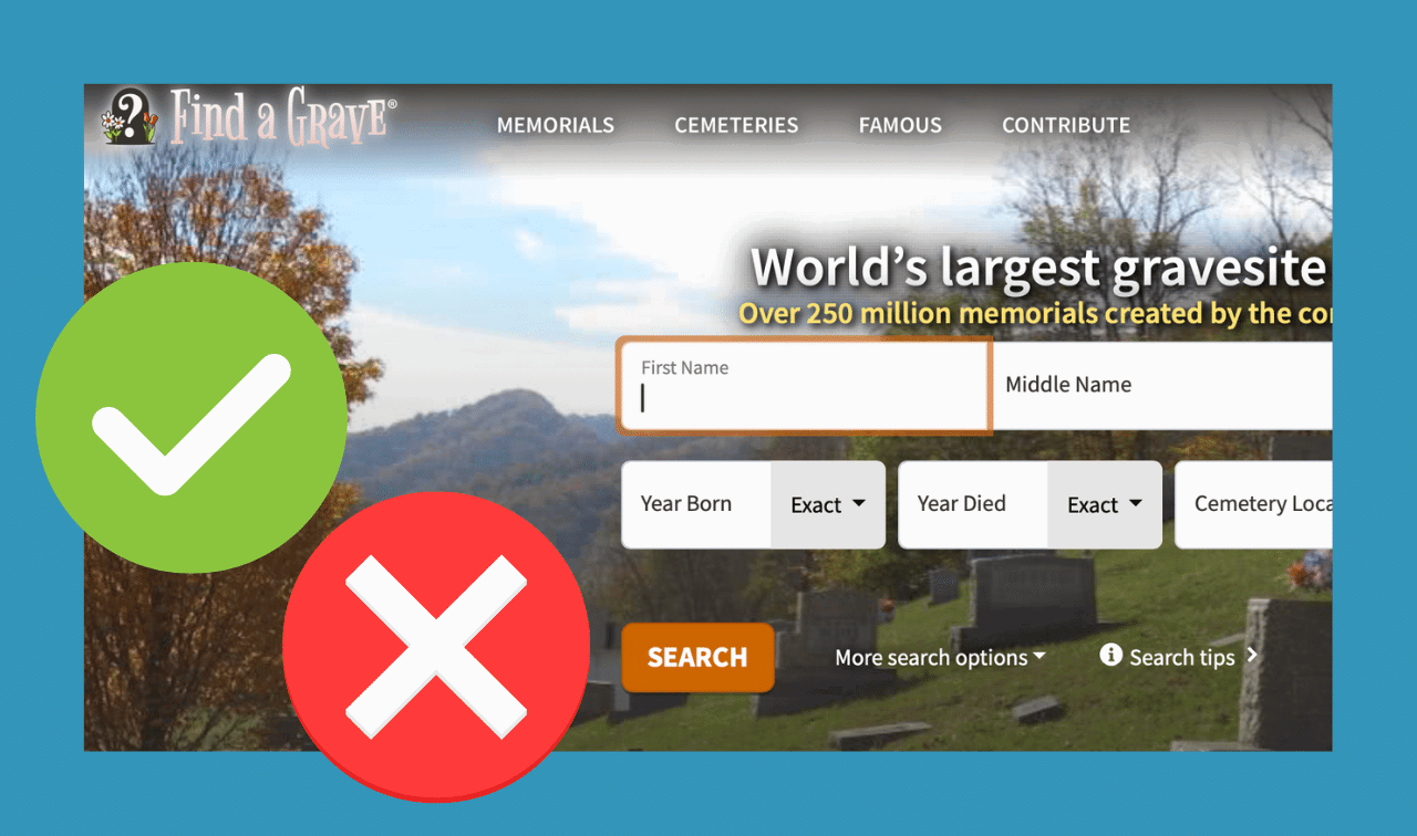 Screenshot of the Find a Grave website search page with a large green checkmark and a large red X icon overlaid on the left side