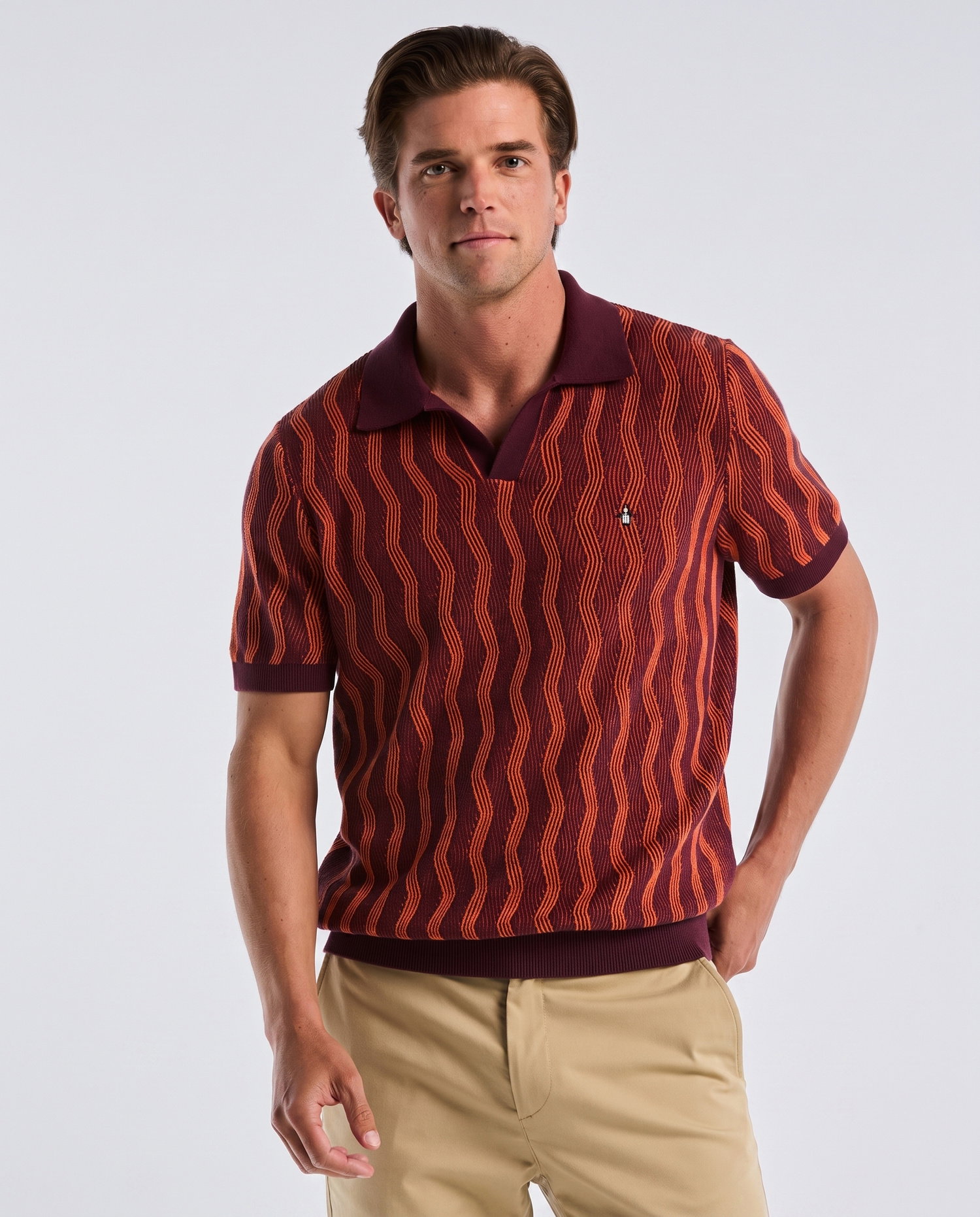 Wavy Jacquard Johnny Collar Sweater Polo