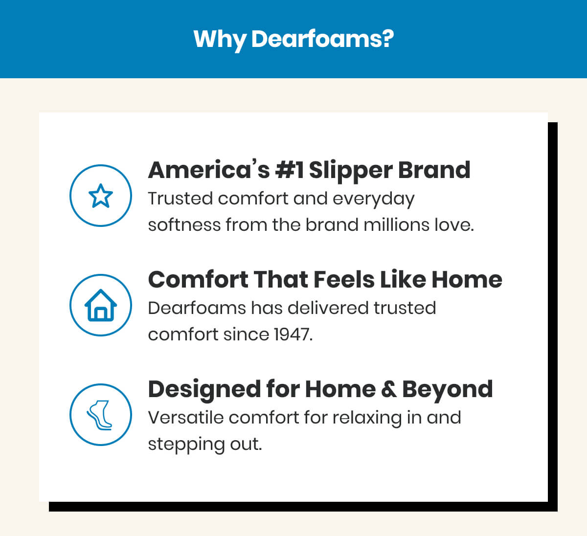 Why Dearfoams? America’s #1 Slipper Brand - Trusted comfort and everyday softness from the brand millions love. Comfort That Feels Like Home - Dearfoams has delivered trusted  comfort since 1947. Designed for Home & Beyond - Versatile comfort for relaxing in and stepping out.