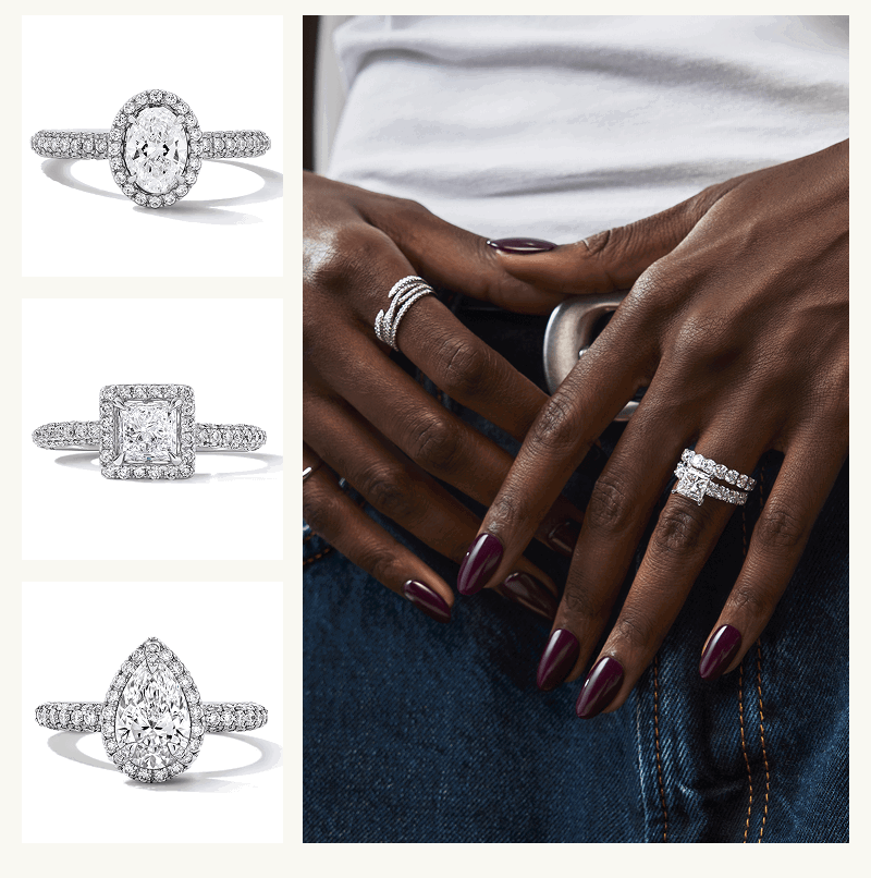 Diamond halo rings featuring oval, square, & pear-cut stones on paved bands, alongside model with rings.