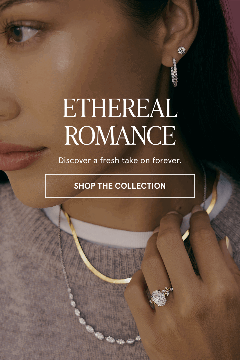 Model with diamond necklaces, ear stack & diamond ring. Ethereal Romance. Click here to shop the collection