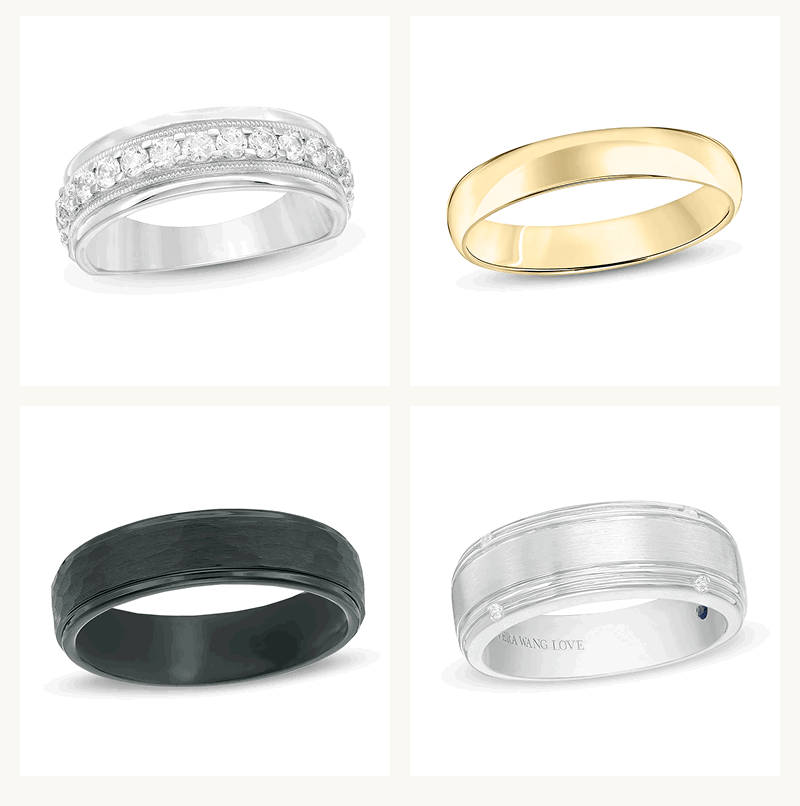Men's bands: channel-set diamond white gold band, yellow gold, black titanium & silver band.