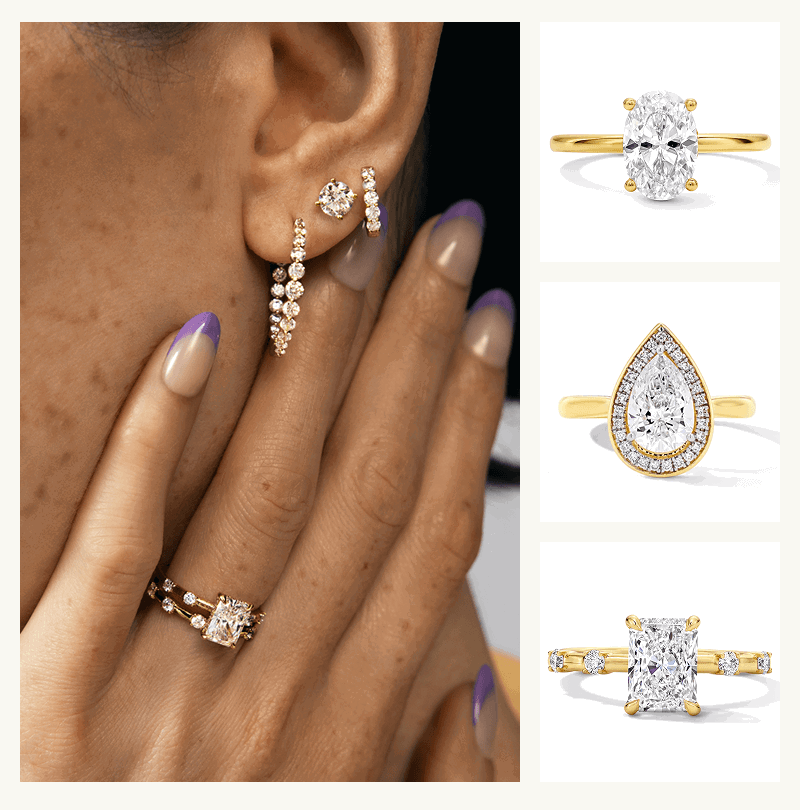 Three yellow gold diamond rings featuring oval, pear & radiant cut, alongside model with diamond ring & ear stack.
