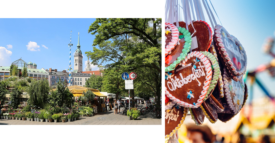 Collage: Munich square with historic buildings; Bavarian gingerbread heart reading Ok‍toberfest