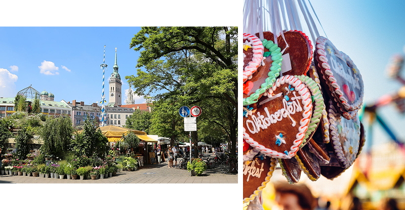 Collage: Munich square with historic buildings; Bavarian gingerbread heart reading Ok‍toberfest