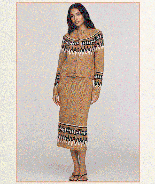 Model wearing a fair isle sweater with wide-leg jeans and boots.