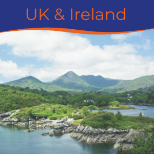 Scenic view of mountains and coastline in the UK and Ireland under a cloudy sky.