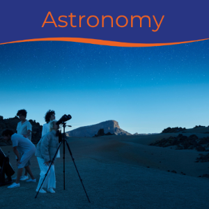 People observing the night sky with a telescope under a starry blue sky.
