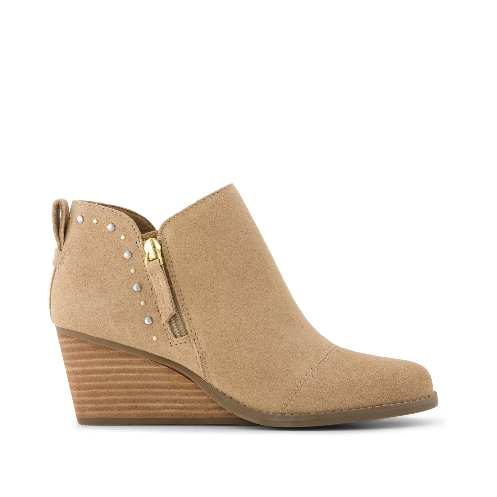 Image of Womens Goldie Wedge Ankle Bootie Taupe Suede with Studs