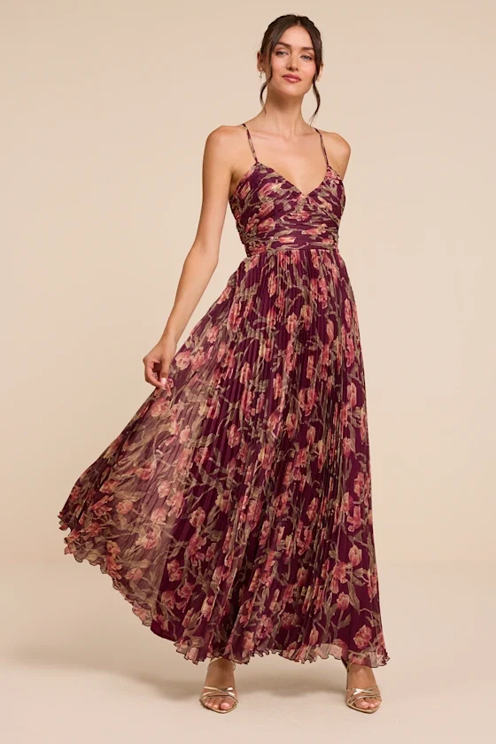 Image of Rebena Plum Multi Floral Pleated Maxi Dress