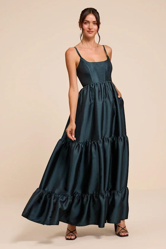Image of Avalie Teal Floral Tiered Bustier Maxi Dress