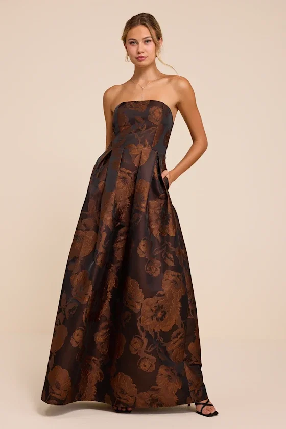 Image of Laurelin Brown Floral Jacquard Pleated Strapless Maxi Dress