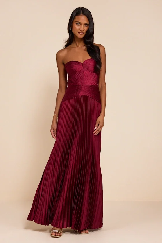 Image of Elkay Burgundy Pleated Satin Drop Waist Maxi Dress