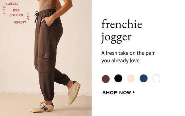 Frenchie Jogger - A fresh take on the pair you already love. - Shop now - Image of a woman wearing a pair of brown French terry joggers. 