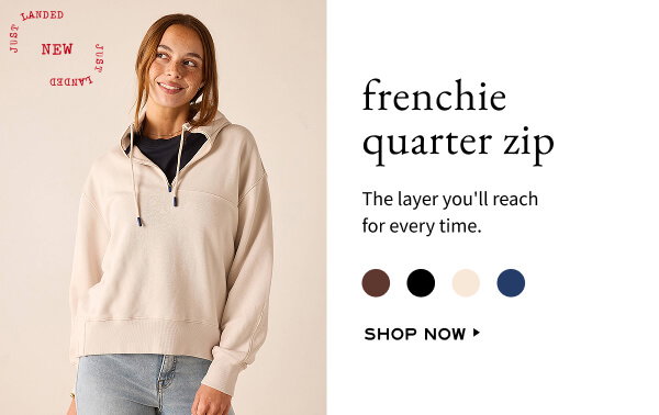 Frenchie Quarter Zip - The layer you'll reach for every time. - Shop now - Image of a woman wearing a cream French terry quarter zip sweater