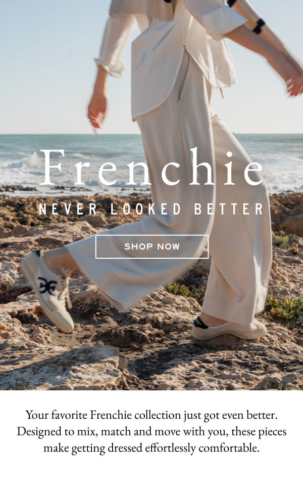 Frenchie Never Looked Better - Shop now - Your favorite Frenchie collection just got even better. Designed to mix, match and move with you, these pieces make getting dressed effortlessly comfortable. - Close up image of a woman wearing a pair of cream wide leg French terry pants. 