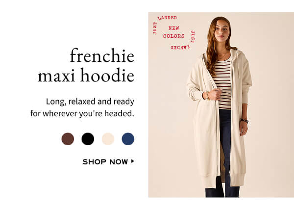 Frenchie Maxi Hoodie - Long, relaxed and ready for wherever you're headed. - Shop Now - Image of a woman wearing cream French terry maxi zip up hoodie