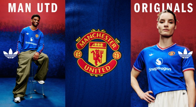 Triptych style design featuring a male model, a female model, and the Manchester United crest showcased on the new Man Utd Jersey