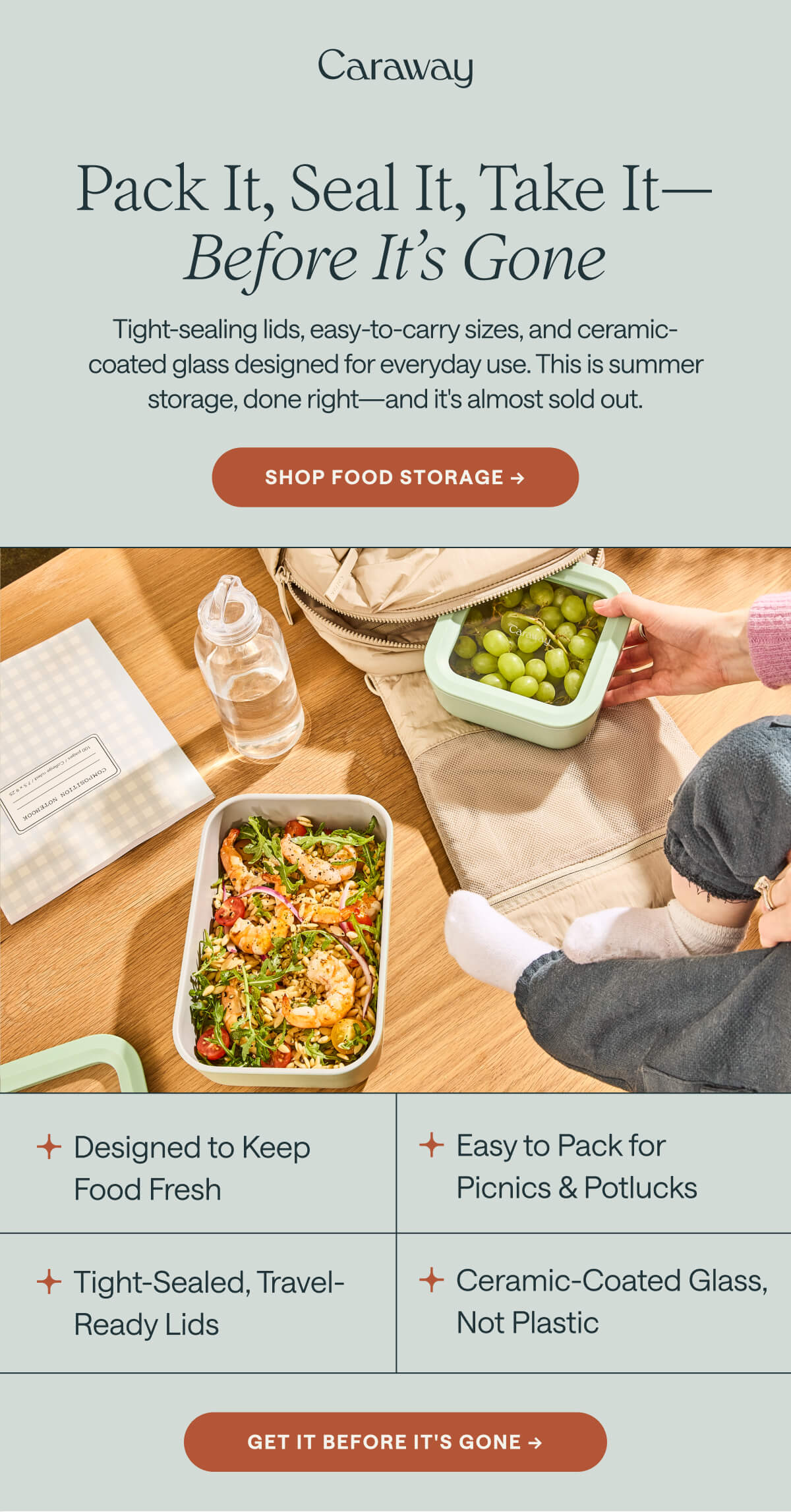Pack It, Seal It, Take It— Before It’s Gone Tight-sealing lids, easy-to-carry sizes, and ceramic-coated glass designed for everyday use. This is summer storage, done right—and it's almost sold out. Shop food storage -> Designed to Keep Food Fresh Easy to Pack for Picnics & Potlucks Tight-Sealed, Travel-Ready Lids Ceramic-Coated Glass, Not Plastic GET IT BEFORE IT'S GONE →