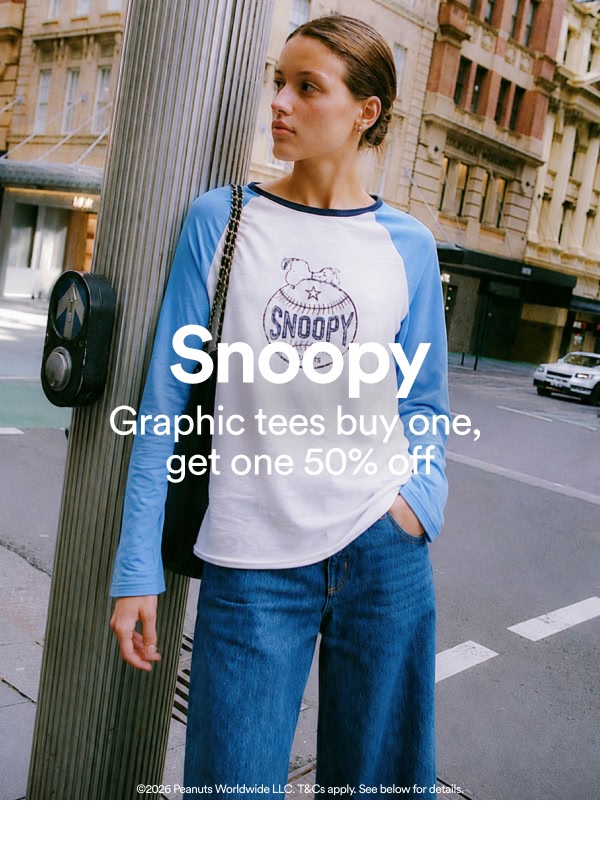 Snoopy. Graphic tees buy one, get one 50% off. T&Cs apply. See below for details.